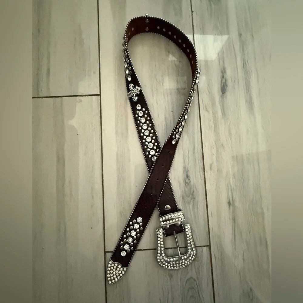 Leather Copper Bronze Fleur De Lis Western RHINESTONE Belt M SM - Picture 1 of 11